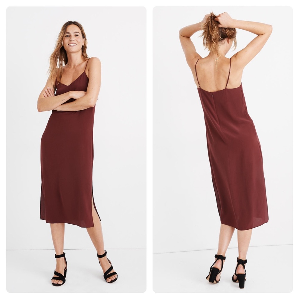 New Madewell Silk Eva Side-Slit Slip Dress red